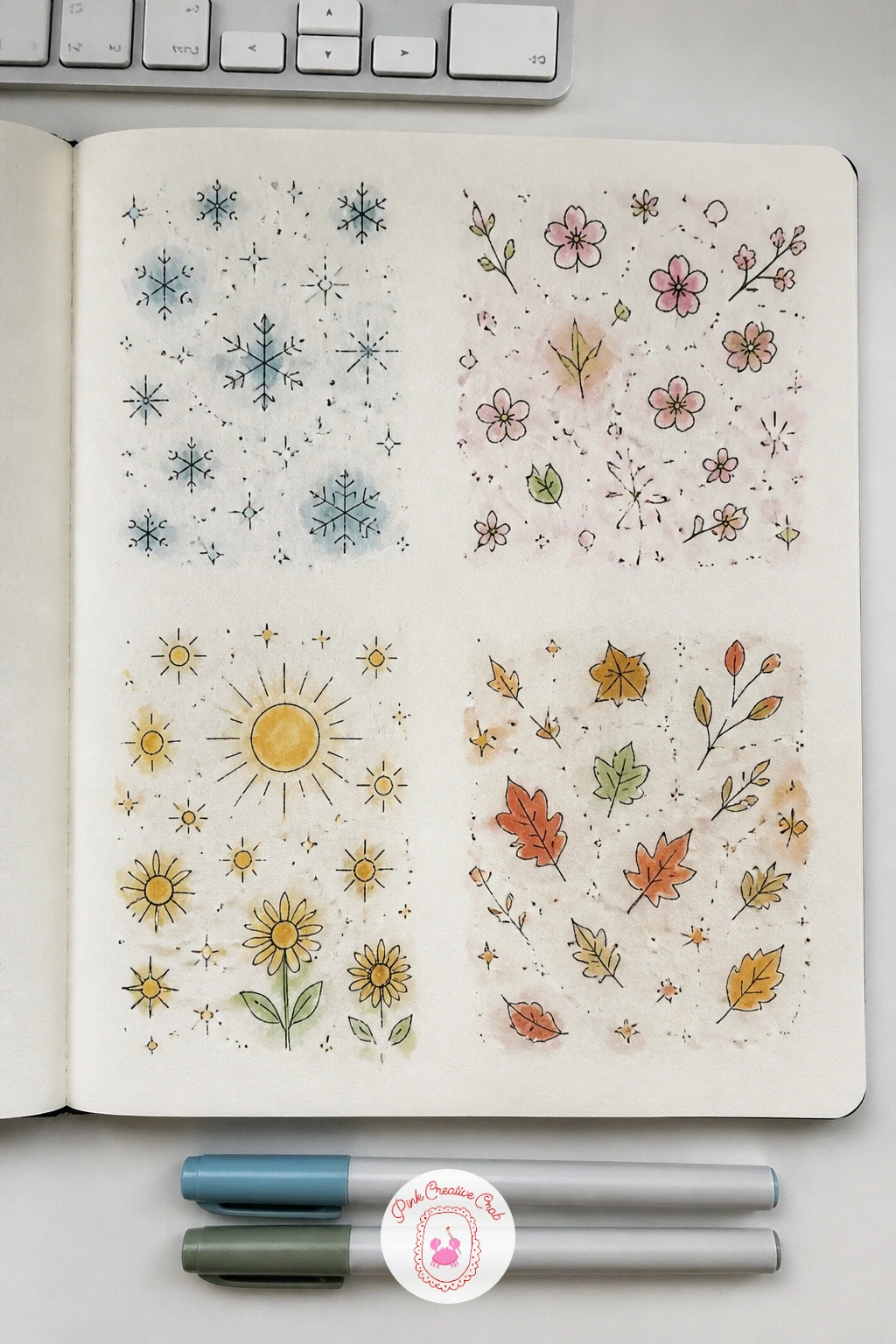 Page of Season Symbols — Draw a page of season symbols once the quieter promise page is behind you, back to something visual and busy. First page of sketchbook