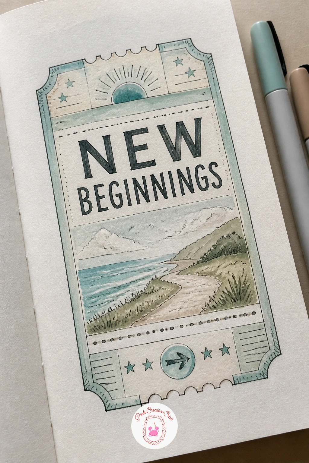 Ticket to Start the Journey — Draw a page with a ticket to start the journey as a small, symbolic send-off for the whole sketchbook. First page of sketchbook