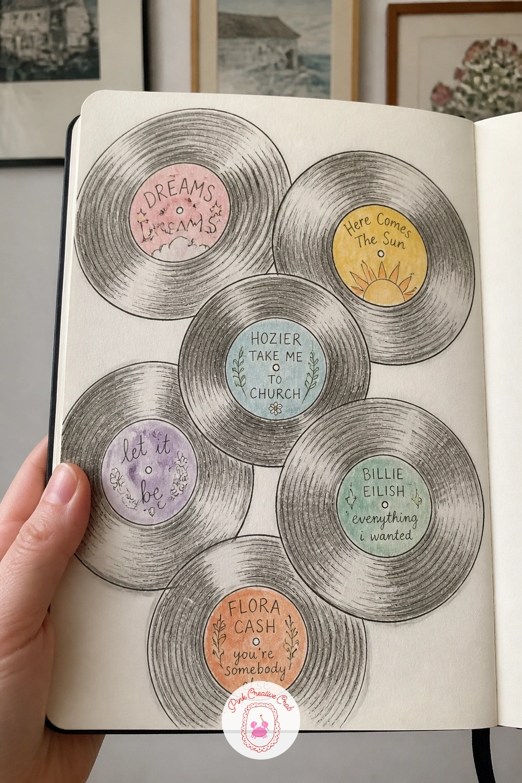 Favorite Songs Drawn as Records — Close your opening run of pages with a page of favorite songs drawn as records, a musical keepsake to finish the first