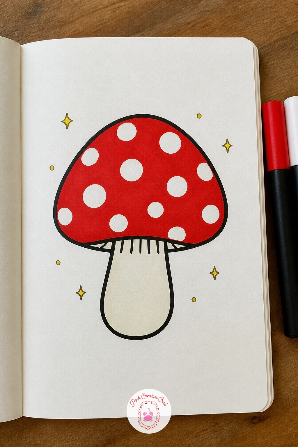 Mushroom With White Dots — Keep the momentum going with a classic storybook mushroom, cap on top, short stem below. Posca art doodle