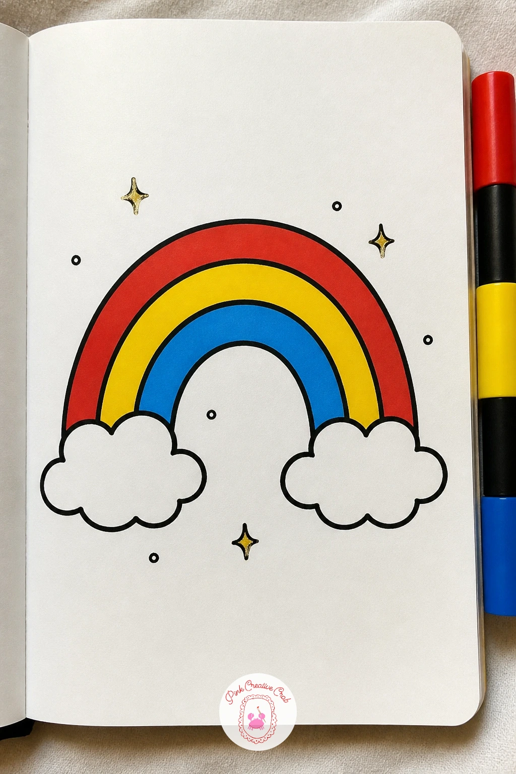 Rainbow With Clouds — From one drippy heart to a full arc of color: a rainbow with a soft cloud tucked at each end. Posca art doodle