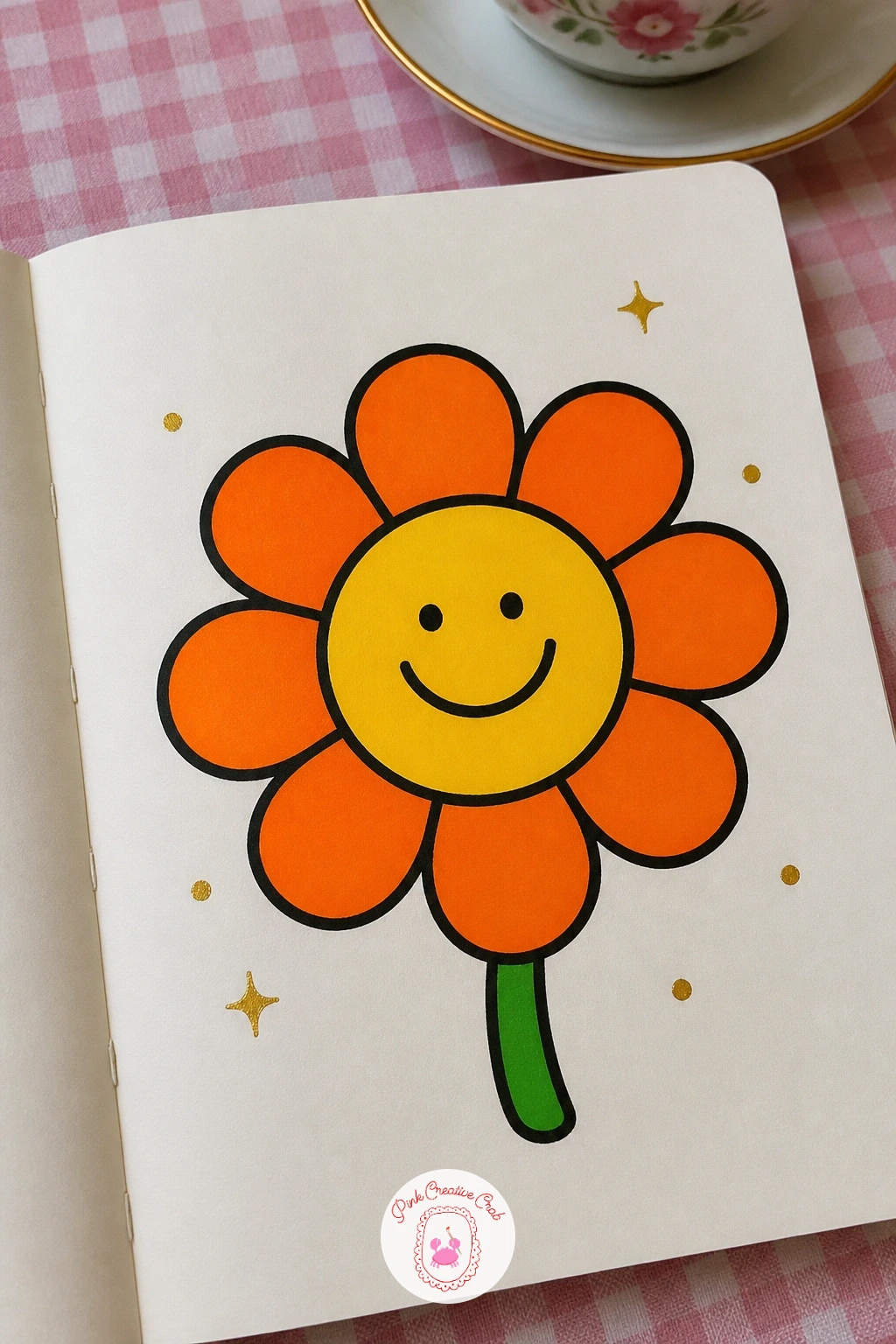 Flower With a Smiley Center — Give the page a bit of personality with a flower that has a smiling face right in the middle of it. Posca art doodle