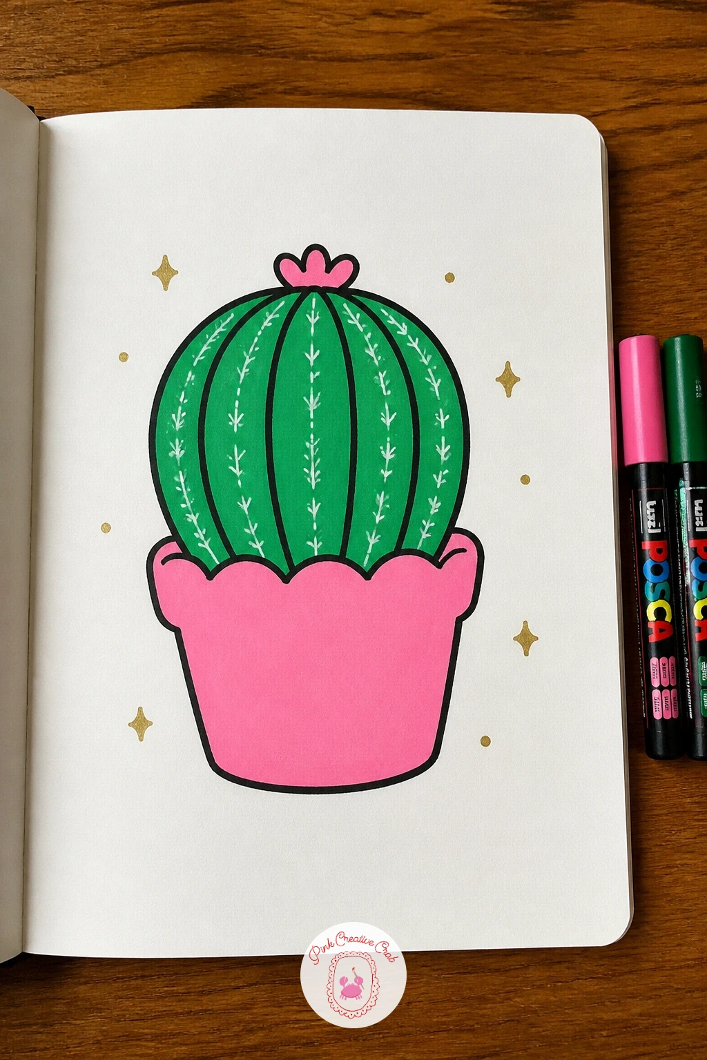 Cactus in a Pink Pot — Bring in a bit of still life with a round cactus sitting in a scalloped pink pot. Posca art doodle