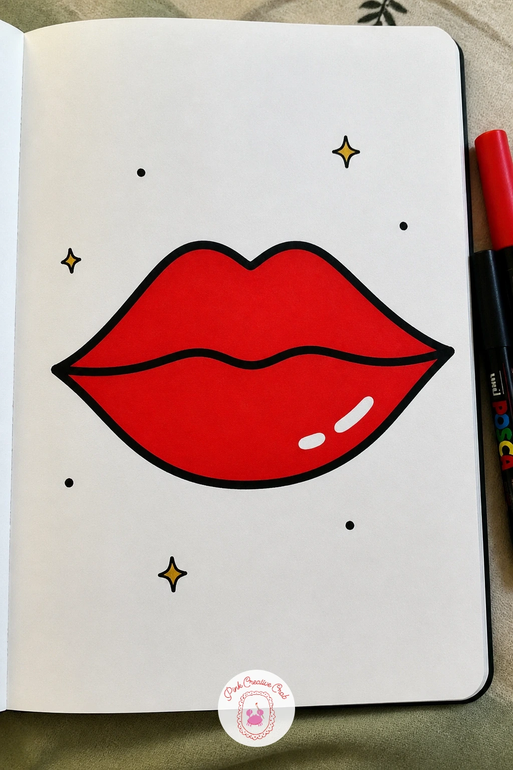 Lips Print — Here is a pure graphic shape with no face attached: a bold lips print, like a kiss mark blown up large. Posca art doodle