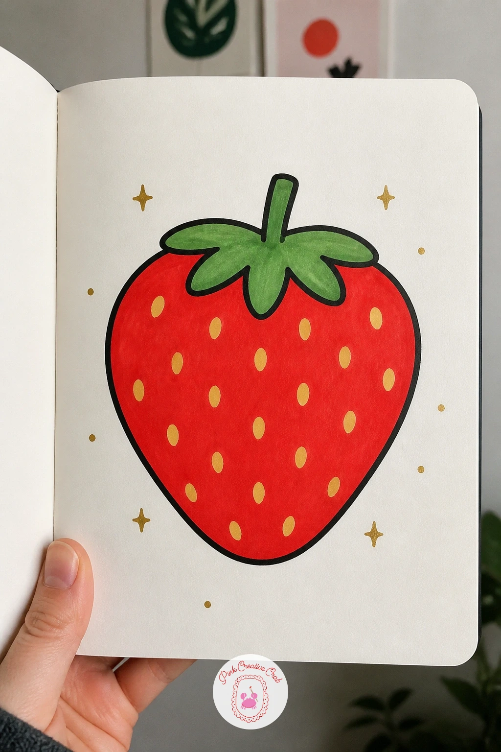 Strawberry With Seeds — Carry the fruit theme forward from the cherries with a plump strawberry, seeds and leafy top included. Posca art doodle