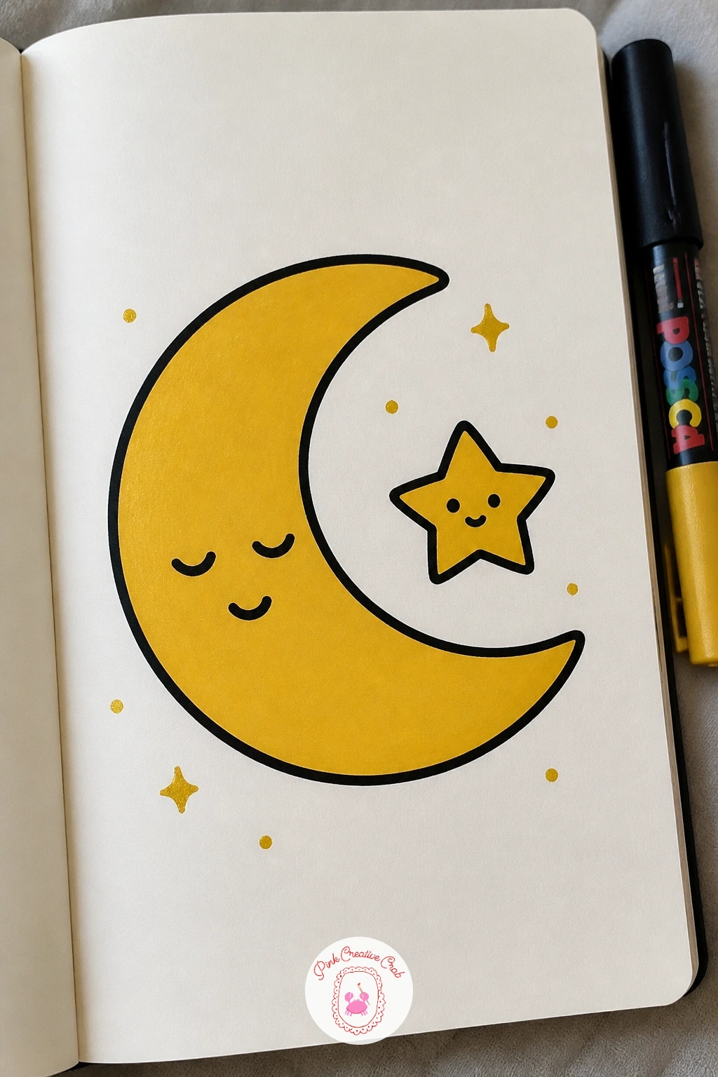 Moon With a Star — Move into a quiet night sky moment with a crescent moon and one star tucked beside it. Posca art doodle