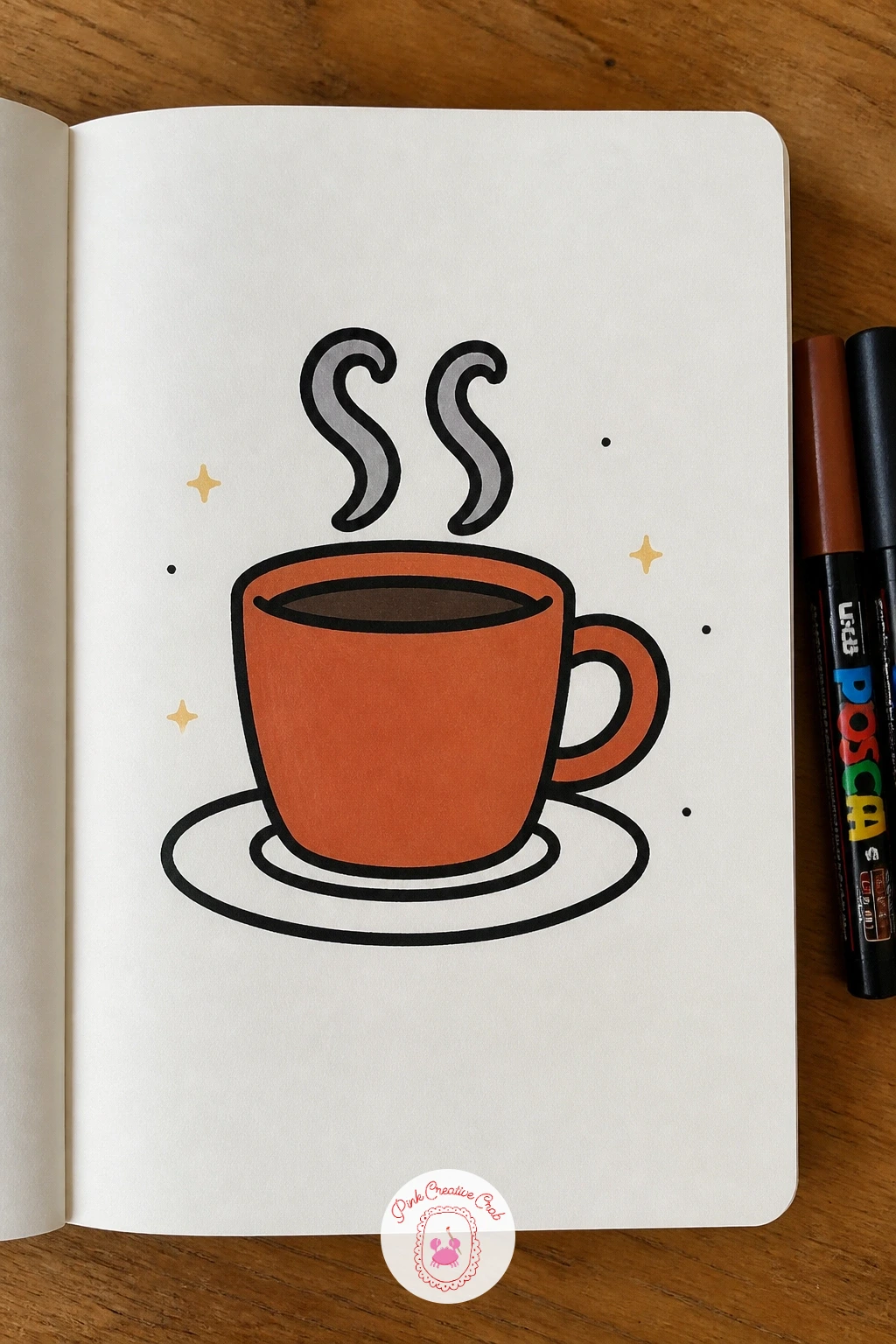 Coffee Cup With Steam — Shift into a cozy everyday object: a coffee cup with a curling ribbon of steam rising from the top. Posca art doodle