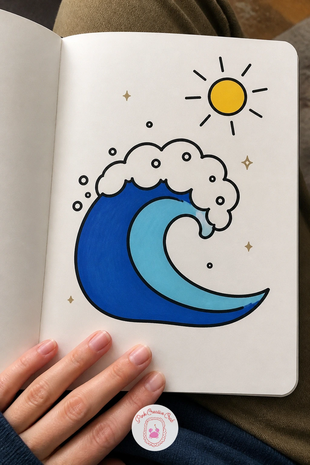 Wave With a Sun — Bring in a small beach scene with one curling wave and a sun sitting just above it. Posca art doodle