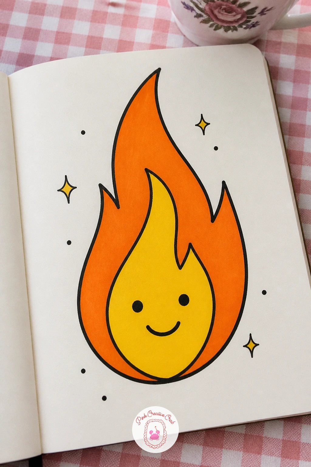Flame With a Face — Give fire a bit of character with a single teardrop flame shape wearing a cheeky little face. Posca art doodle