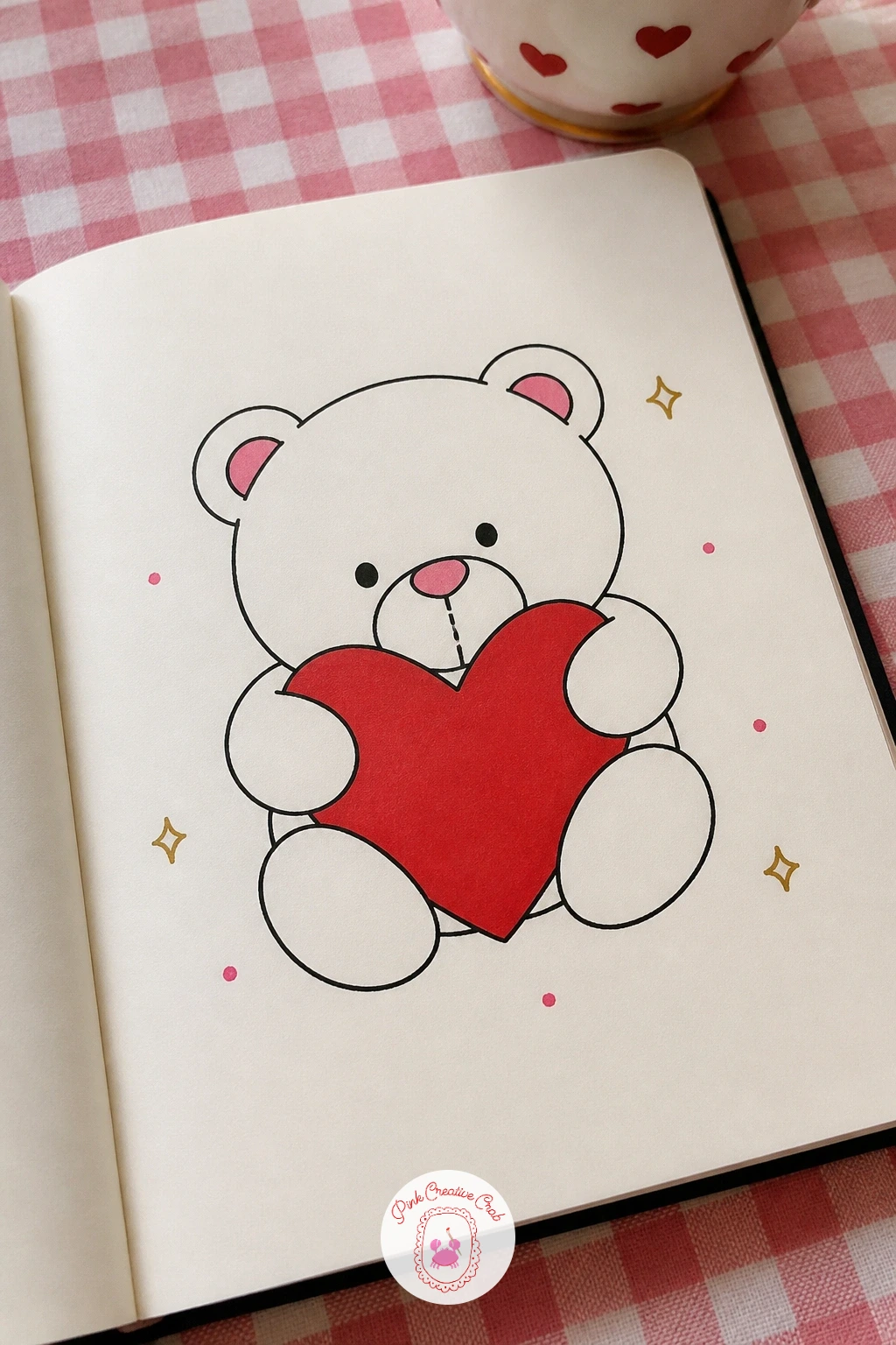 Teddy Bear Hugging a Heart — Draw the teddy bear as three rounded shapes: a round head, an oval body and two short stubby arms wrapped around the front.