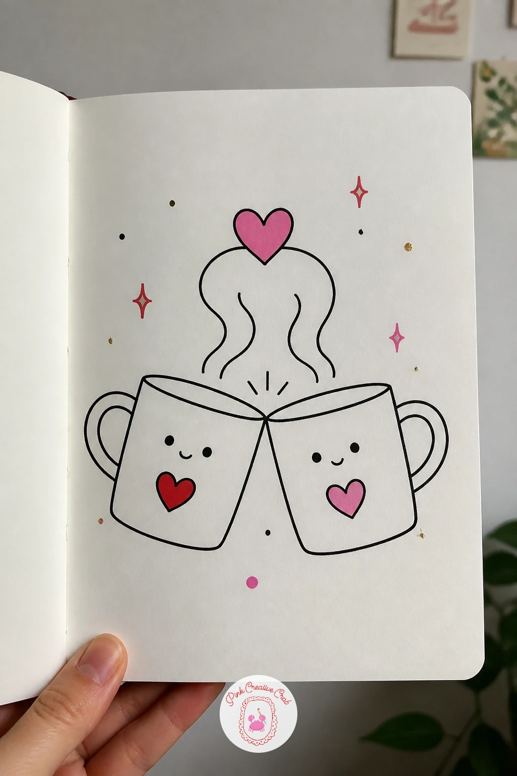 Two Mugs Clinking With Heart Steam — Mugs follow straight on from a bear hug nicely, since both are about things pressed together. February doodles