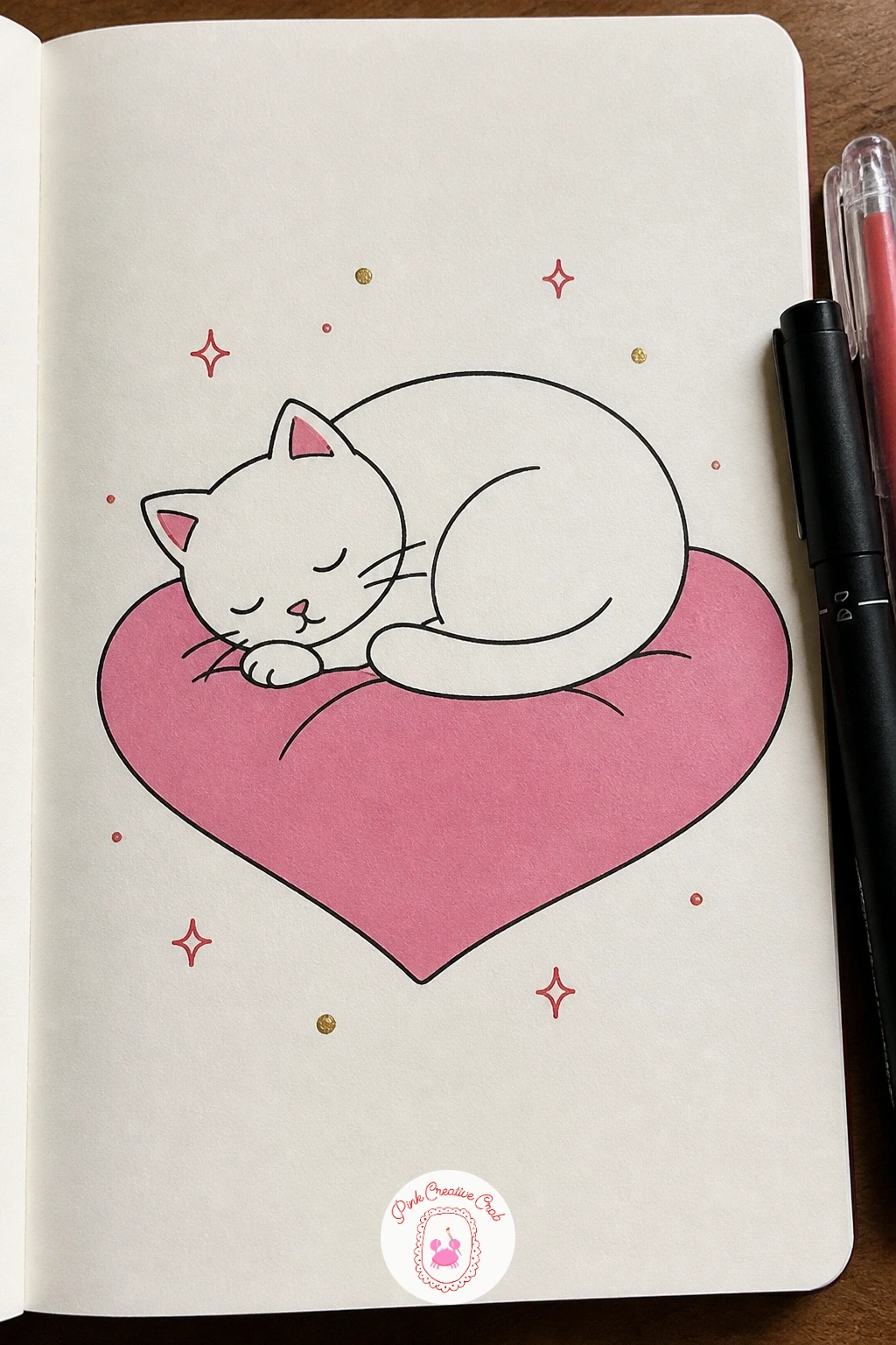 Cat Sleeping on a Heart Pillow — After chocolates, slow the page down with a sleeping cat curled on a heart-shaped pillow. February doodles