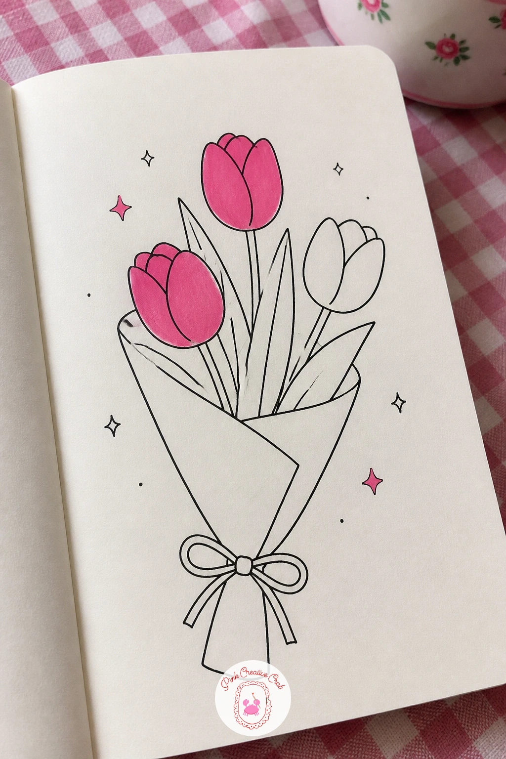 Bouquet of Tulips in Paper — Tulips are one of the simplest flowers to doodle because the petal shape barely changes from bloom to bloom. February doodles