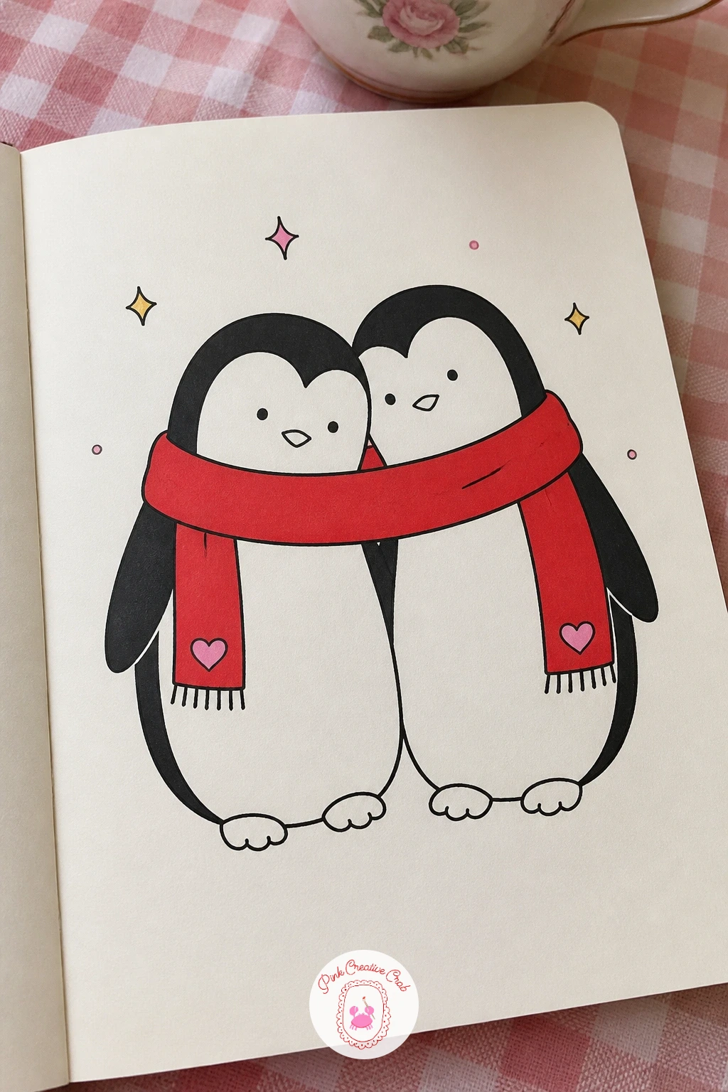 Penguin Couple Sharing a Scarf — Two penguins make an easy pair because the body shape barely changes between them, just a rounded oval with a flat belly patch