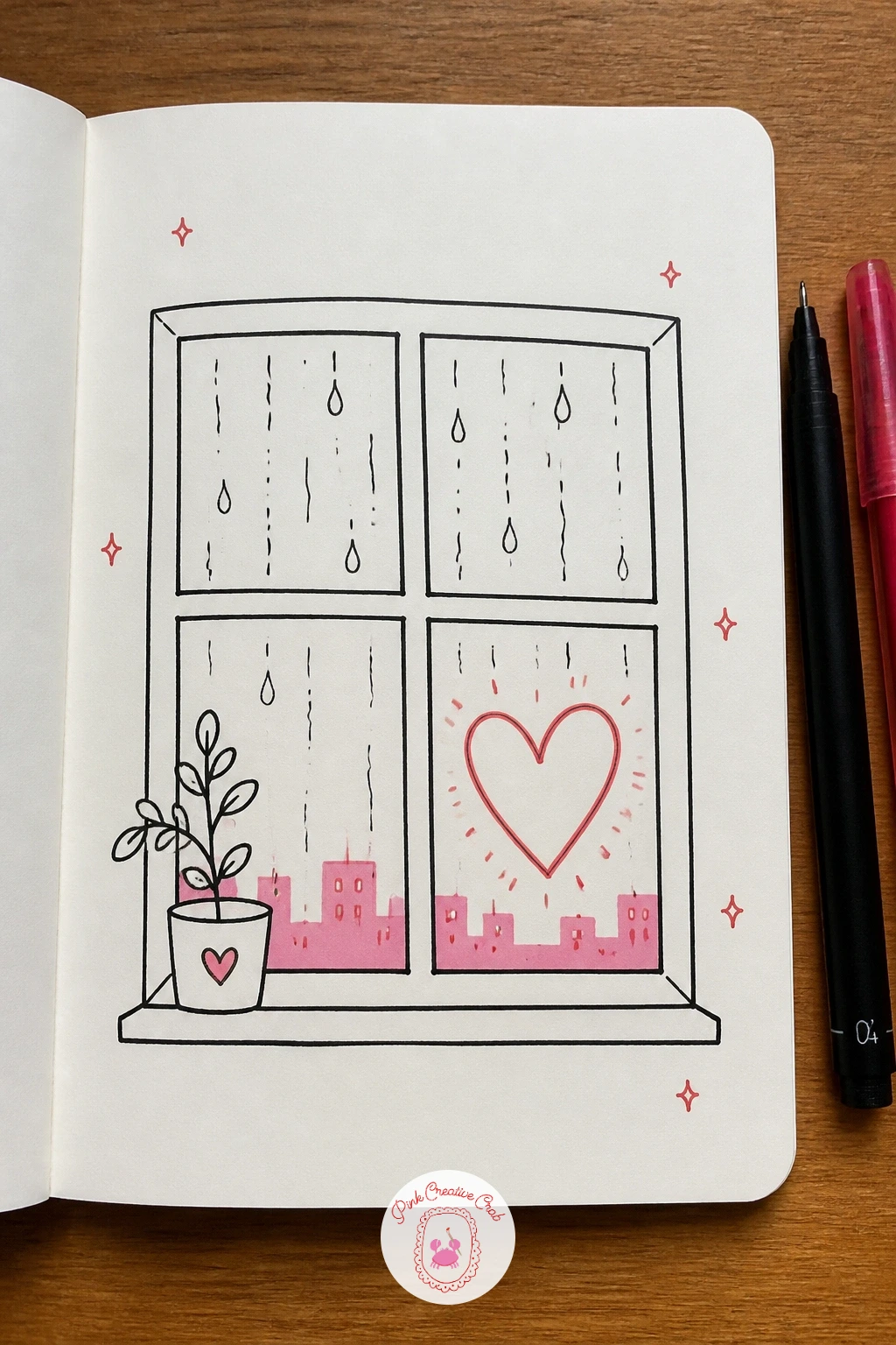 Rainy Window With a Heart Drawn On It — For something a little moodier, draw a window pane as a simple grid, two or three straight lines crossing to make four