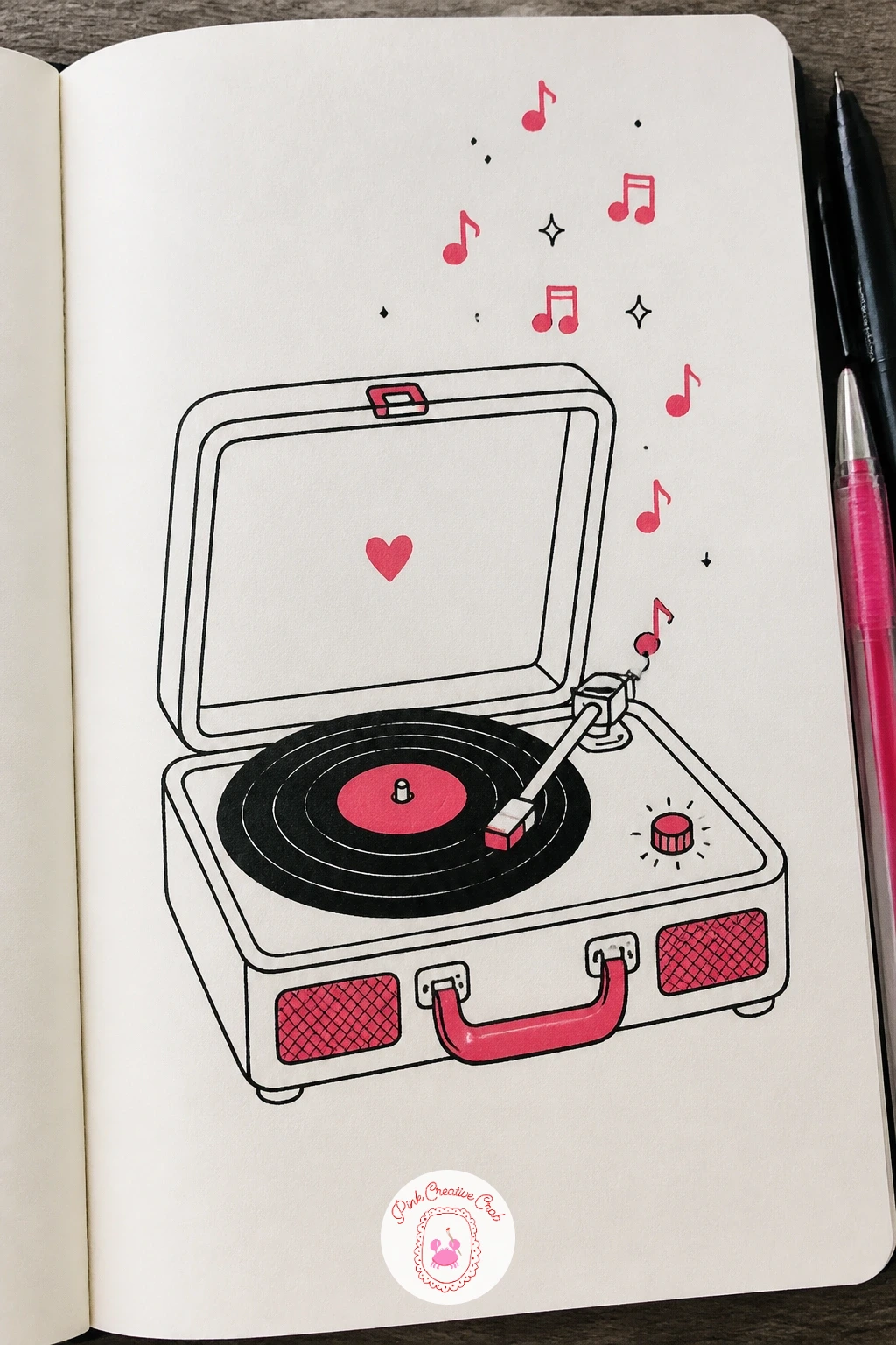 Vintage Record Player With Notes — This one leans a little more decorative, a good pick once your hand feels warmed up. February doodles