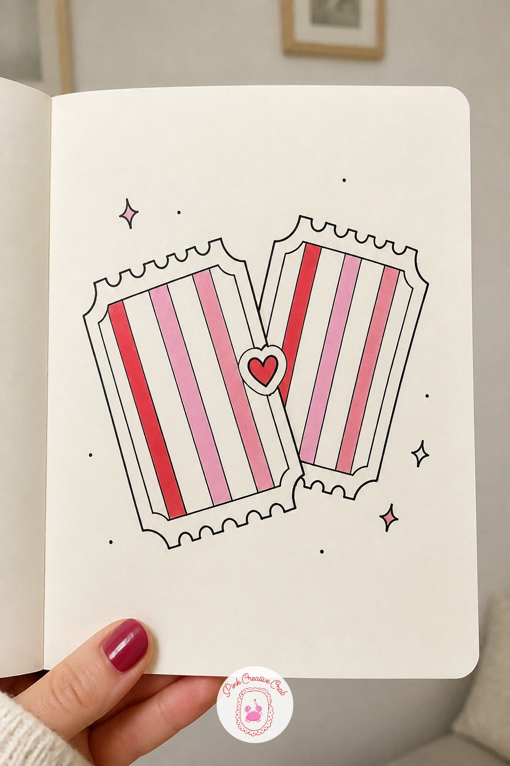 Cinema Ticket Pair — Two matching cinema tickets make a quick graphic little doodle, more about pattern than drawing skill. February doodles