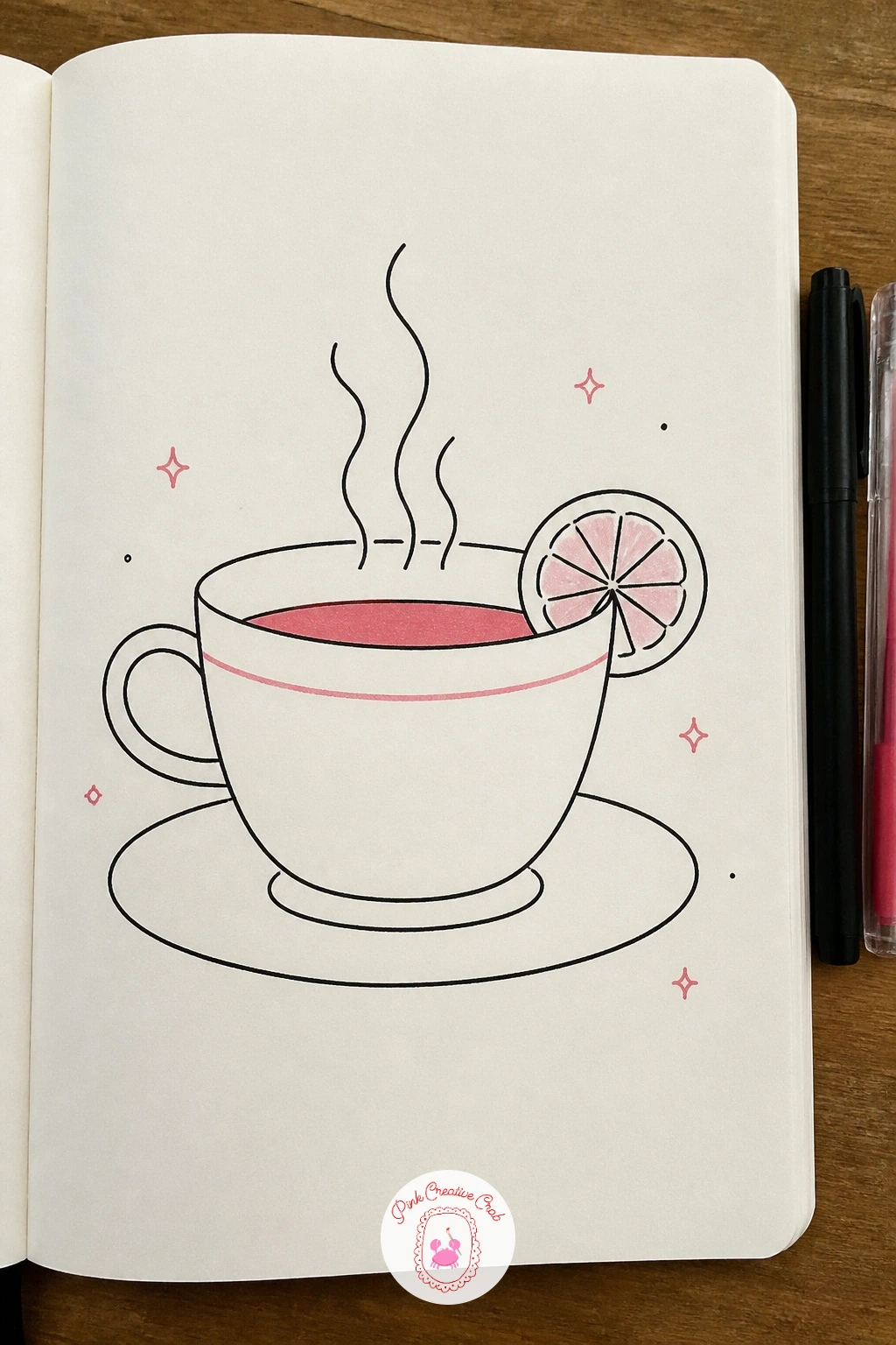 Teacup With a Lemon Slice — Finish the list with something small and calm, a single teacup and saucer with a lemon slice balanced on the rim. February doodles