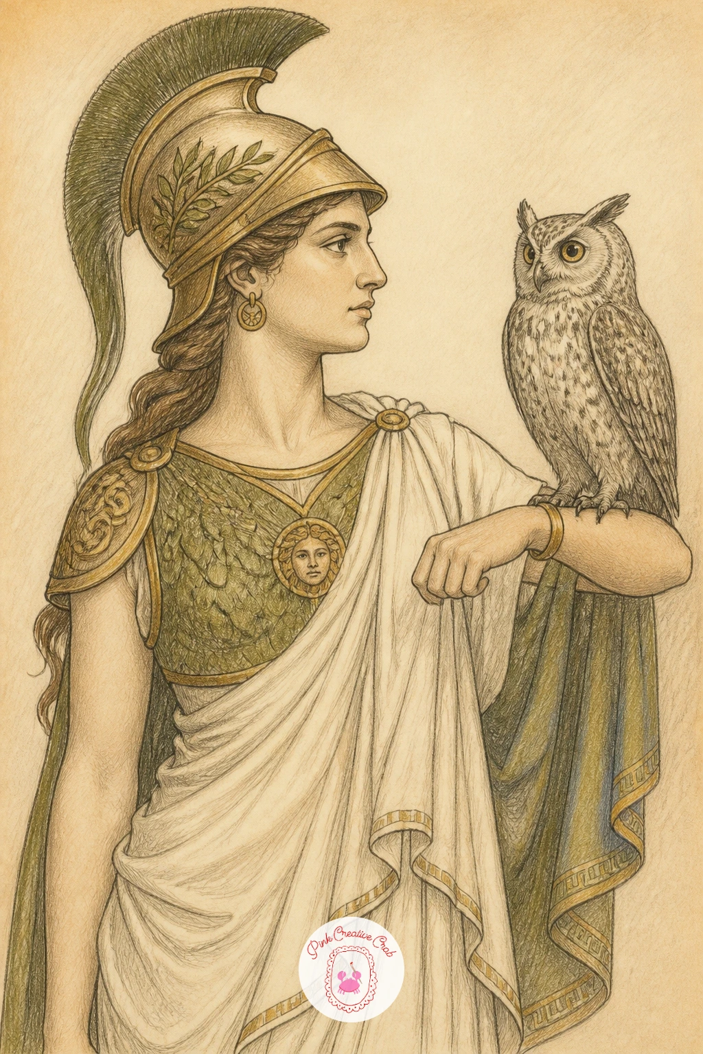 Athena With Her Owl — Follow Aphrodite with a calmer, more upright figure in Athena, standing in profile or three quarter view with her owl perched on one