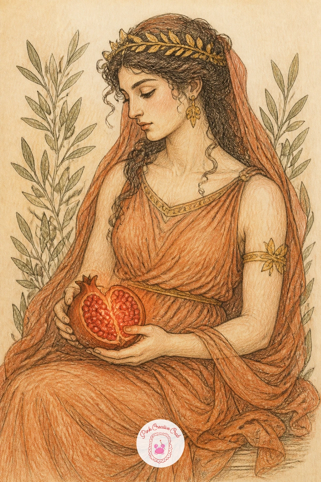 Persephone With Pomegranate Seeds — Bring the mood down a little with Persephone, seated and holding a split pomegranate with a few loose seeds in her open