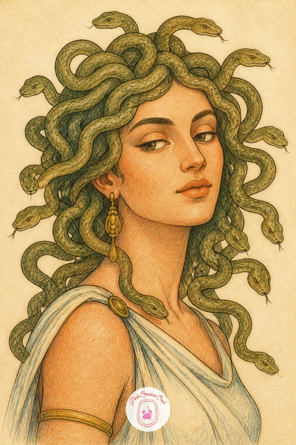 Medusa With Snakes as Hair, Calm and Beautiful — Medusa is a favorite to draw precisely because you can make her serene rather than monstrous, so give her a