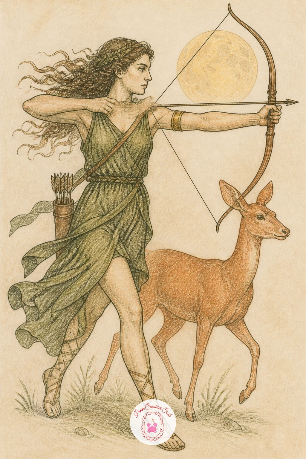 Artemis With Her Bow and a Deer — Move into motion with Artemis, drawn mid stride with her bow drawn and a deer standing close beside her rather than fleeing