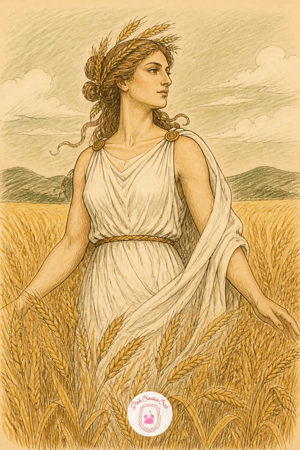 Demeter in a Wheat Field — Slow the pace with Demeter standing waist deep in wheat, her arms loose and her face turned slightly up, since this scene leans on