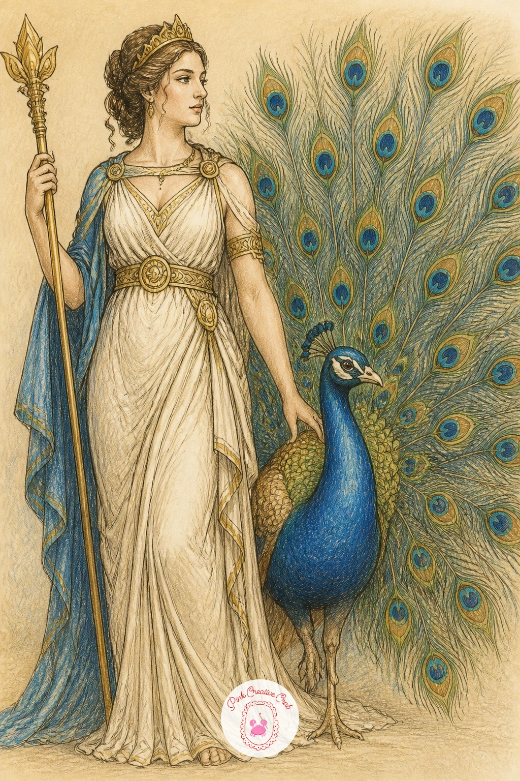 Hera With a Peacock — Give yourself a regal pause with Hera standing beside a peacock with its tail fully fanned, since the bird's feather pattern is the real