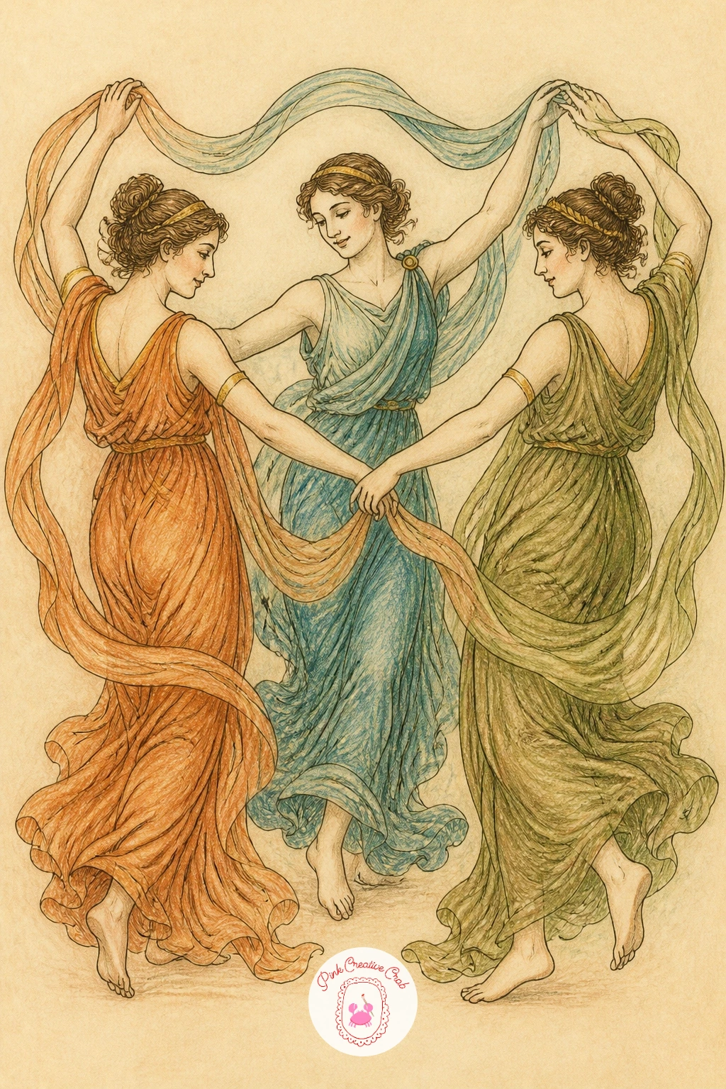 The Muses Dancing — After solo figures, try a small group with the Muses dancing in a loose circle, linked by scarves rather than hands so you avoid drawing