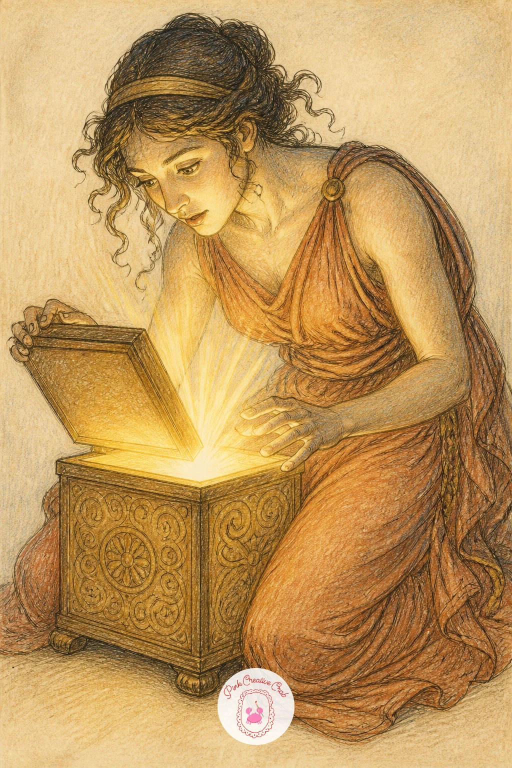 Pandora Opening Her Box With Light Pouring Out — Carry the momentum into a more dramatic moment with Pandora kneeling over an open box as light spills upward