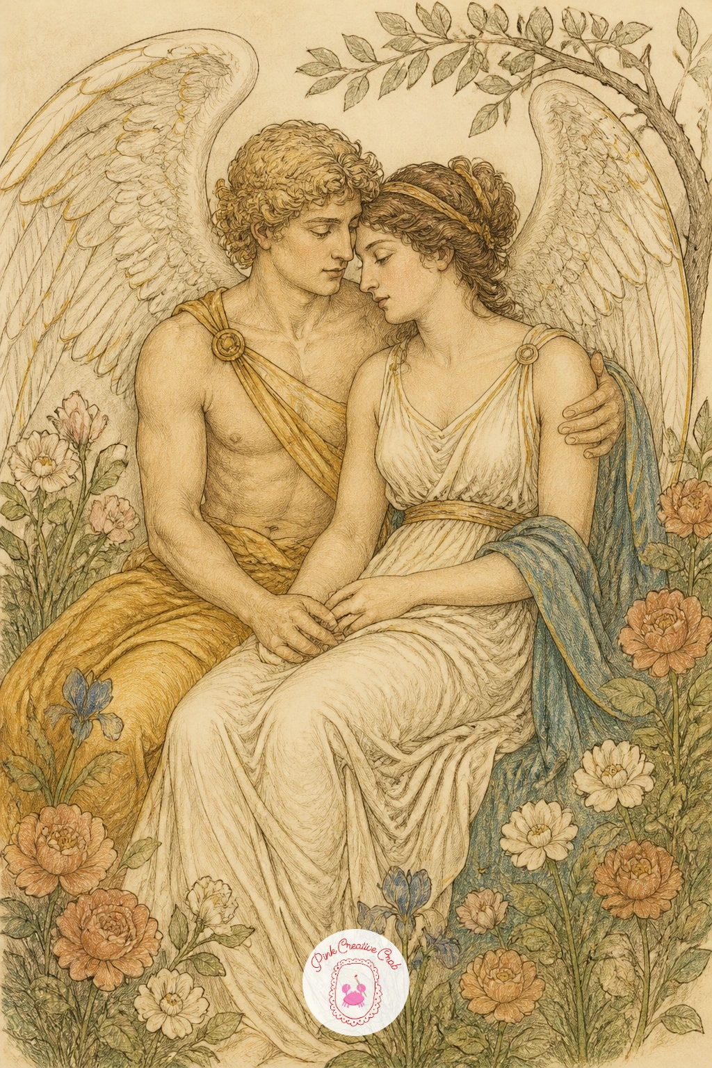 Psyche and Eros in a Garden — Soften the mood with Psyche and Eros seated close together among garden flowers, his wings spread gently behind them both. Greek