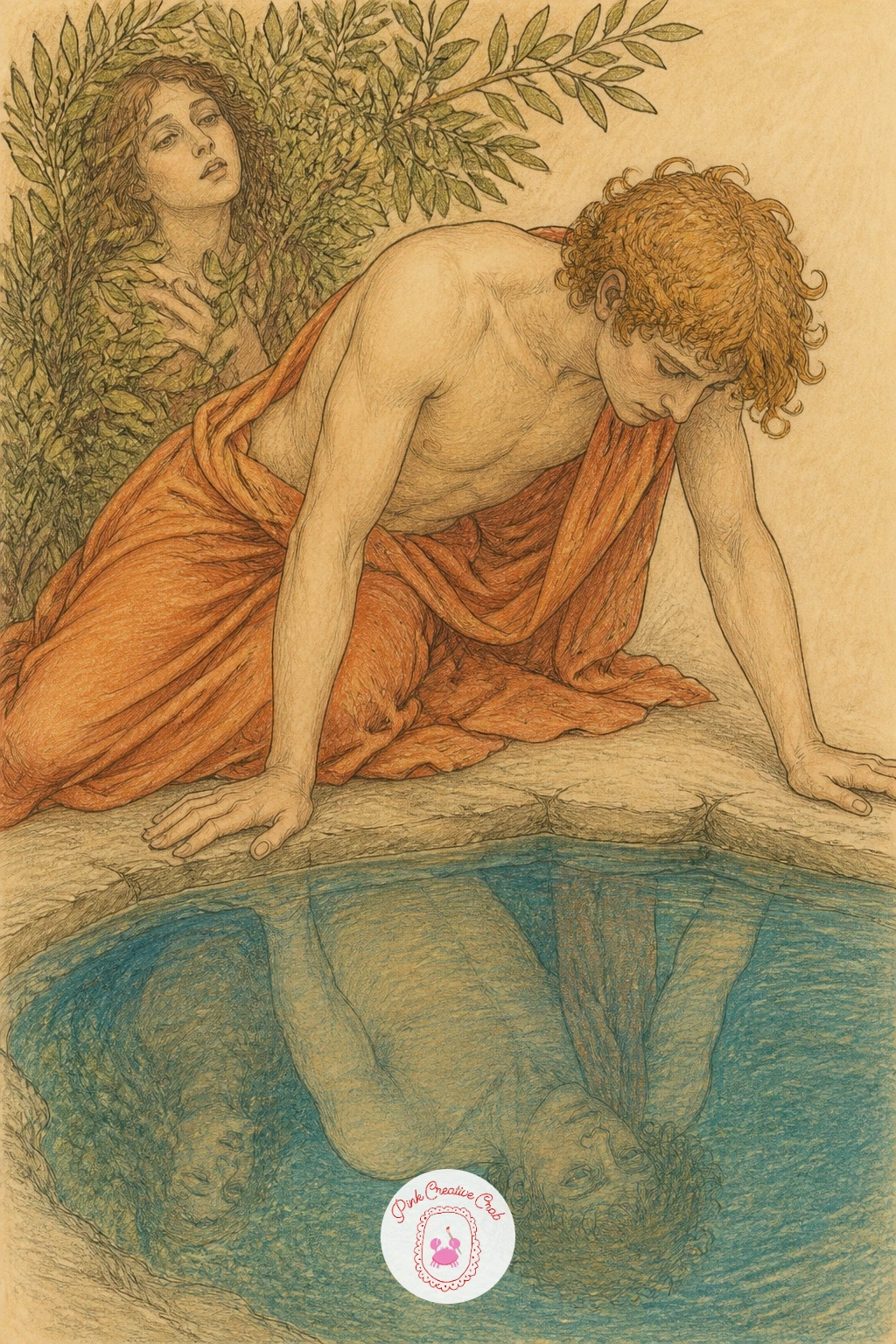 Echo and Narcissus at a Pool — Try a two figure scene with more psychological distance in Echo and Narcissus, him leaning over a still pool and her half hidden