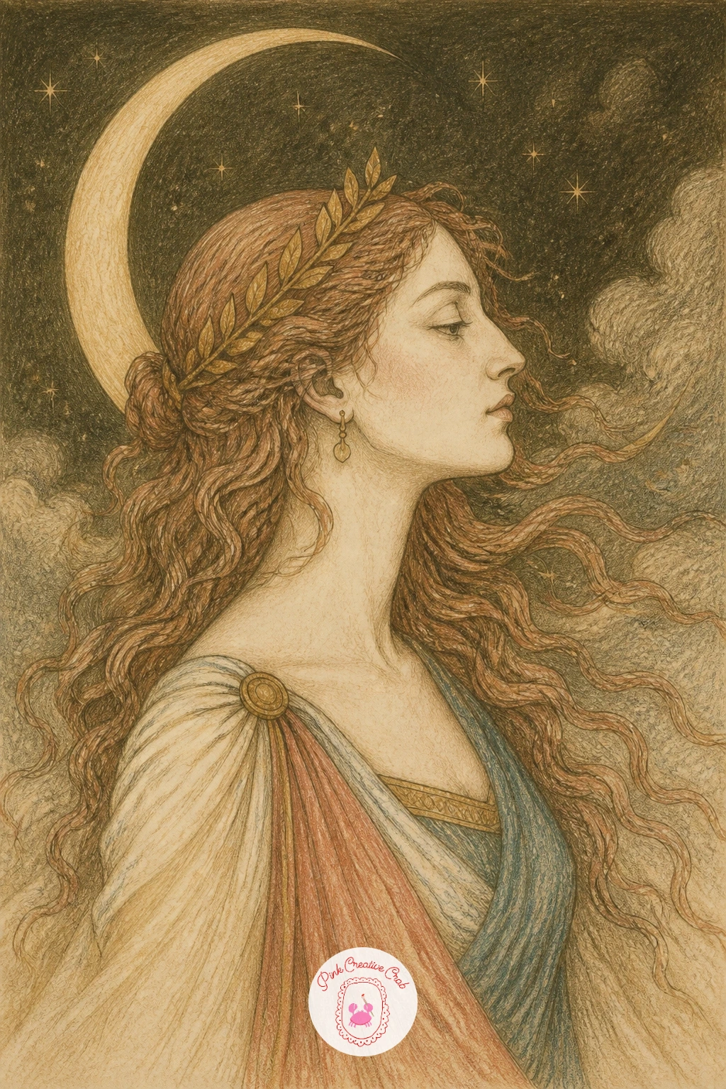Selene and the Moon — Bring in night with Selene, drawn in profile with a crescent moon resting just above or behind her head rather than floating separately