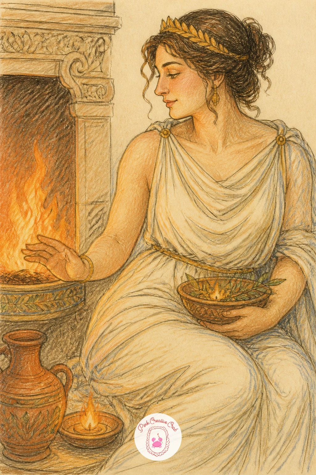 Hestia by a Hearth — Ease into something quieter with Hestia seated by a hearth, her figure lit warmly from the fire beside her rather than from above. Greek