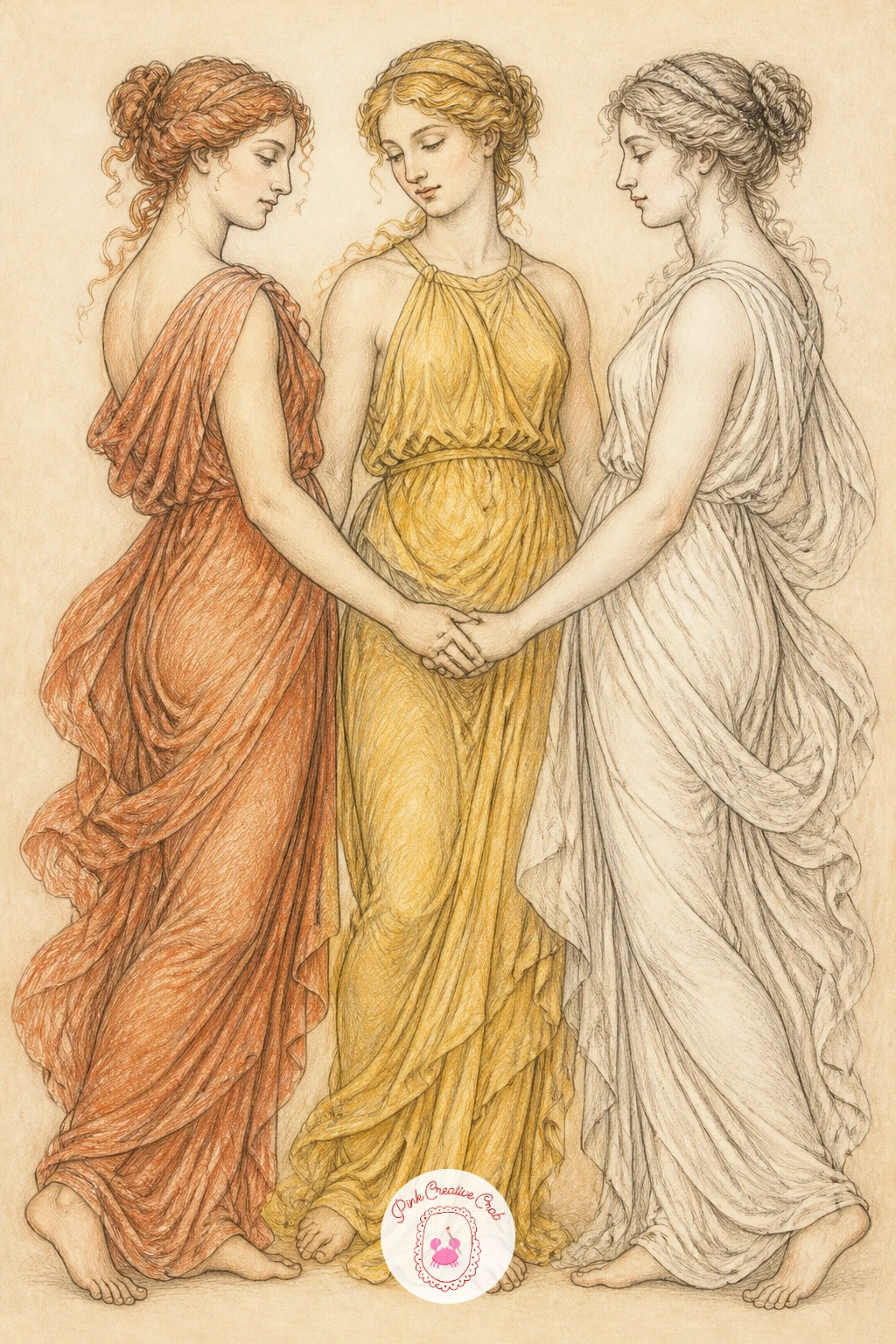 The Three Graces Holding Hands — Return to a group pose with the Three Graces, standing close together in a chain of linked hands, which is a classic