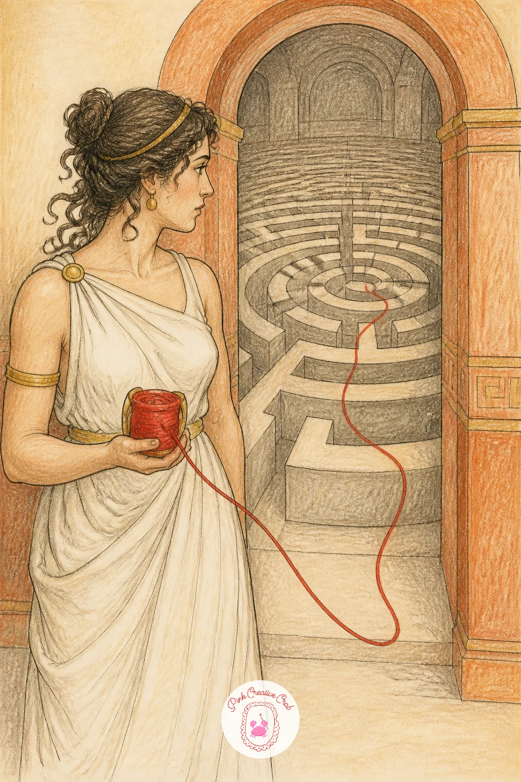 Ariadne With Her Thread in the Labyrinth — Add a sense of place with Ariadne standing at a labyrinth entrance, a spool of red thread unspooling from her hand