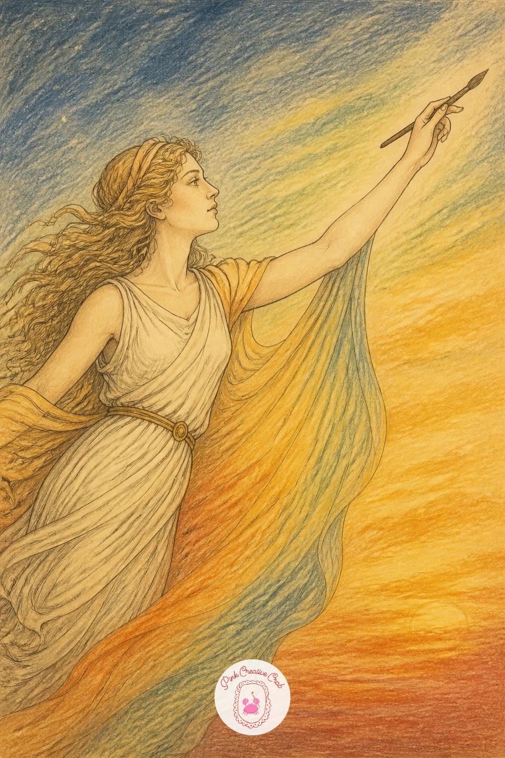 Eos Painting the Sky at Dawn — Shift into pure color drama with Eos, shown mid gesture as if she is literally trailing color across the sky with one