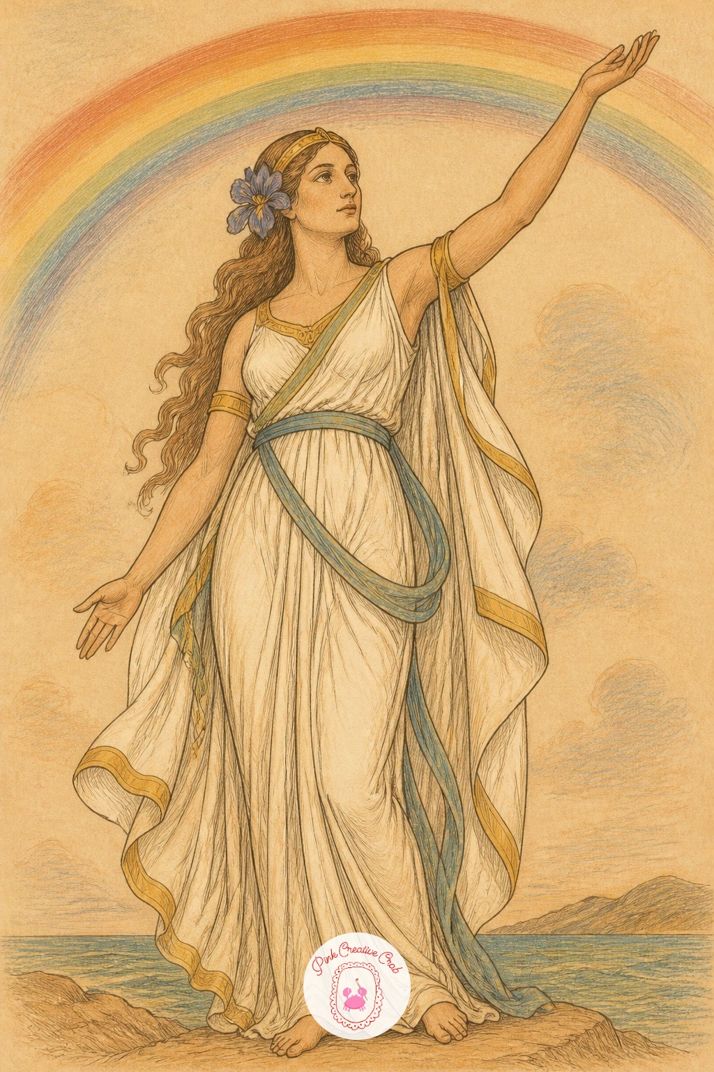 Iris With a Rainbow — Keep the sky theme going with Iris, standing with one arm raised as a rainbow arcs from her fingertips across the page. Greek mythology