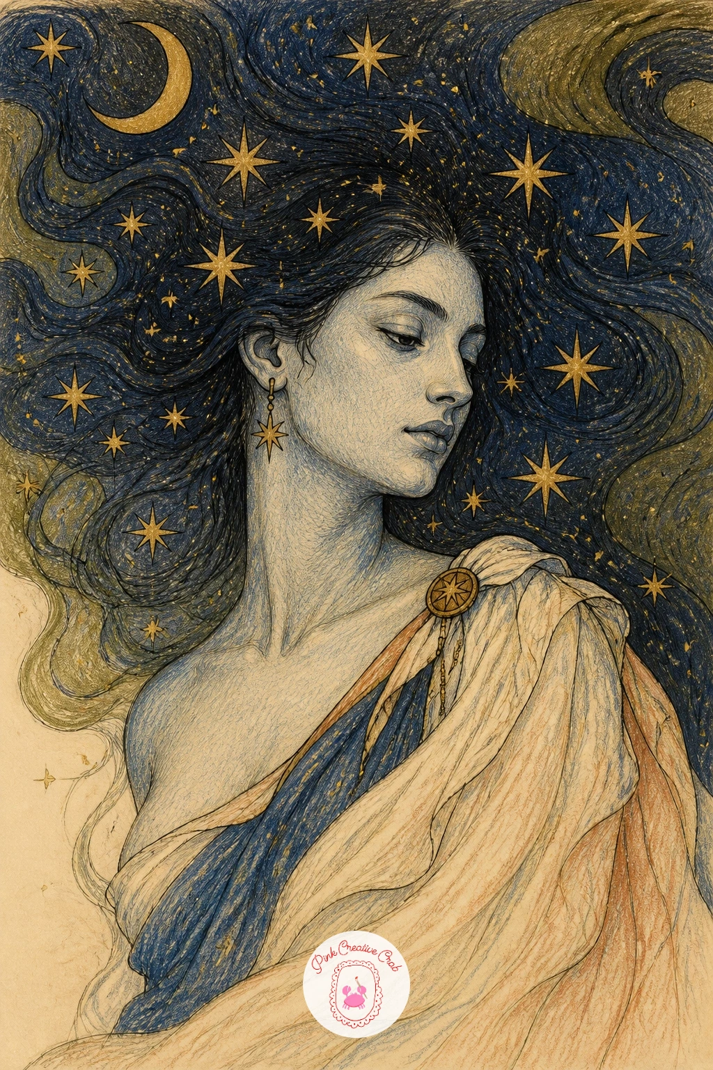 Nyx With Stars in Her Hair — Carry on into darkness with Nyx, her hair flowing out into a star filled night sky rather than stopping at her shoulders. Greek