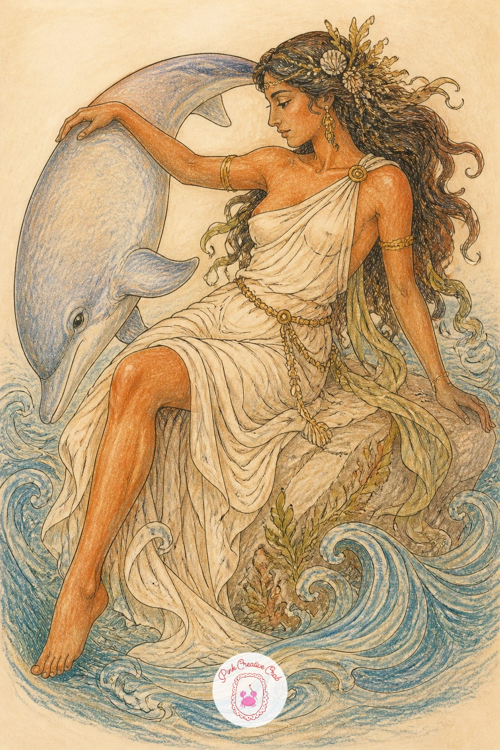 A Sea Nymph With a Dolphin — Lighten the mood with a sea nymph reclining on a rock, one hand resting on a dolphin arching beside her out of the water. Greek