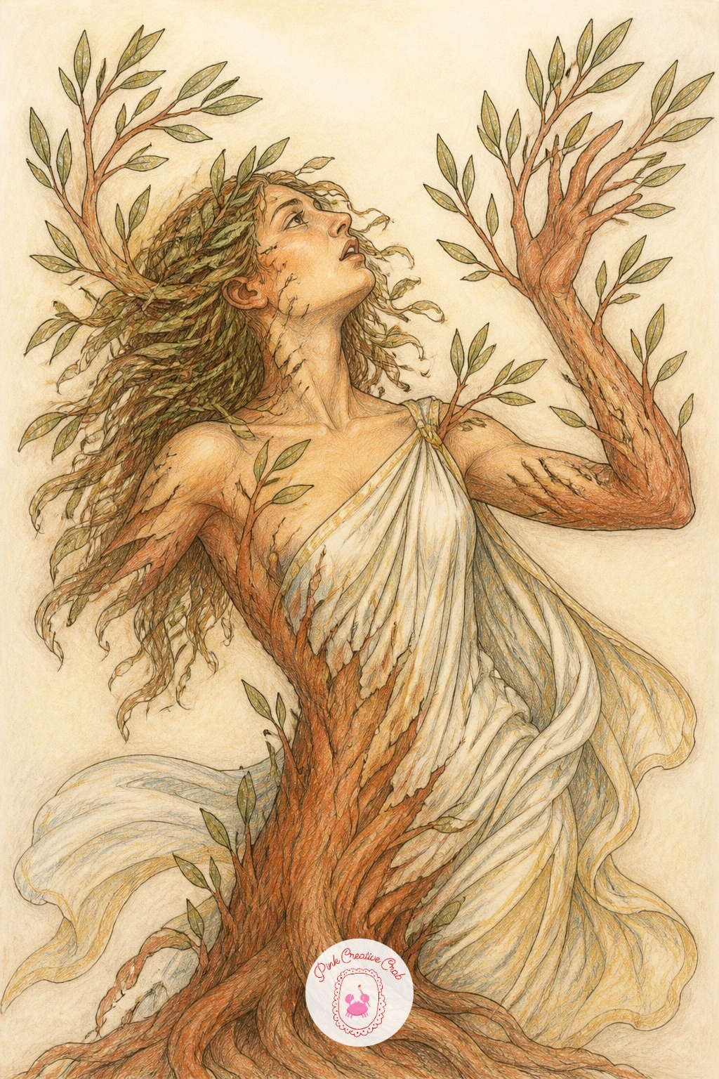Daphne Turning Into a Laurel Tree — Take on a more involved transformation piece with Daphne, her arms and hair already becoming laurel branches and leaves as
