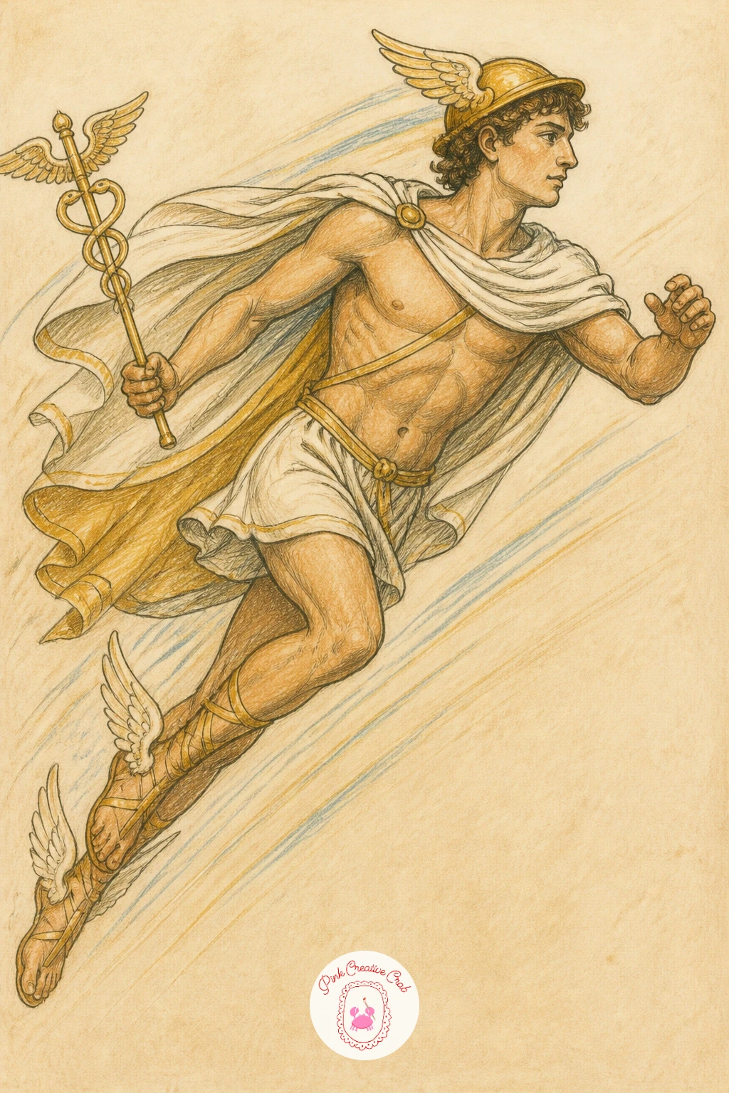 Hermes With Winged Sandals — Pick the energy back up with Hermes shown mid flight, his winged sandals the real focus of the piece even though his whole figure