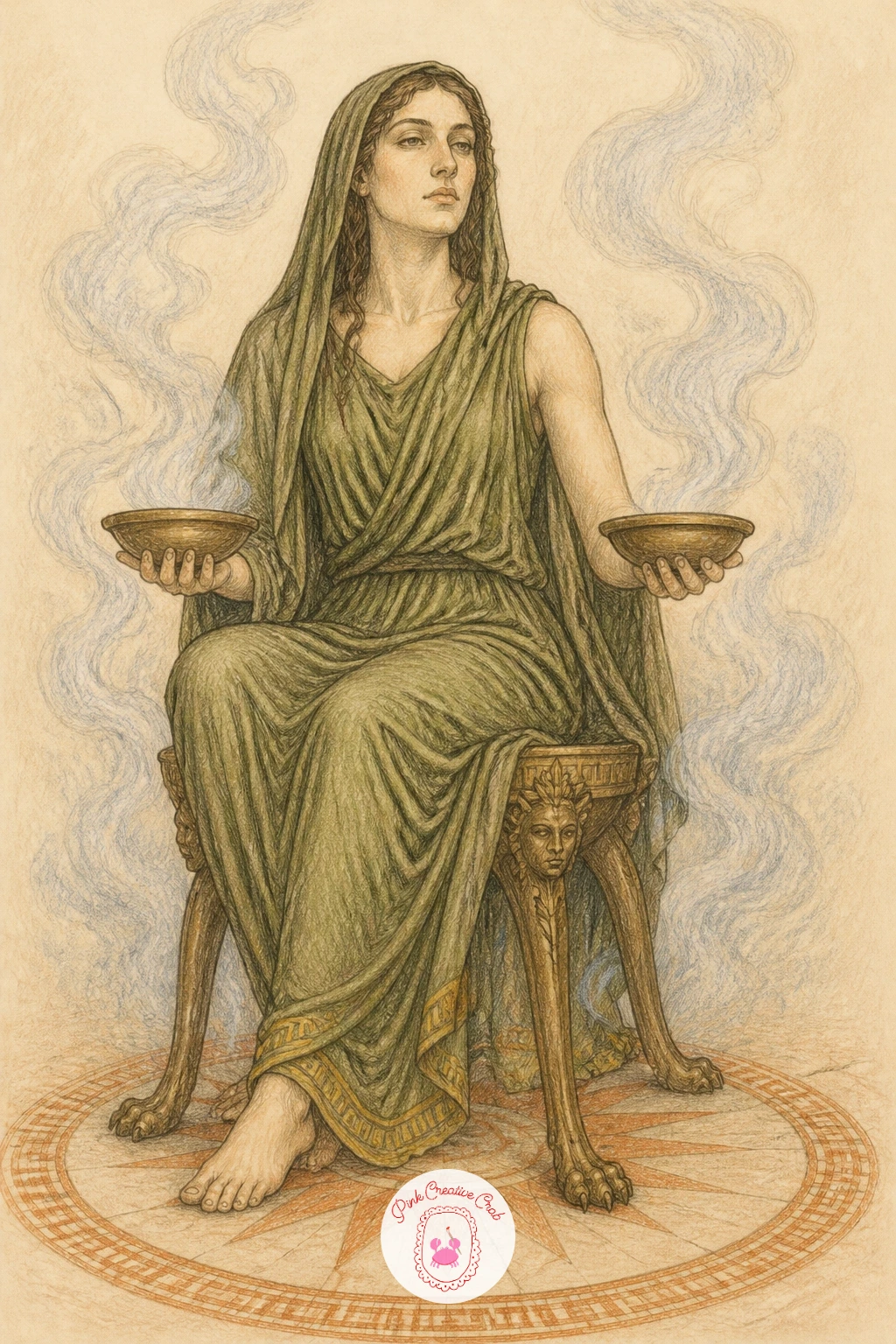 The Oracle at Delphi — Move into something more atmospheric with the Oracle seated on her tripod, soft smoke or vapor curling up around her from below. Greek