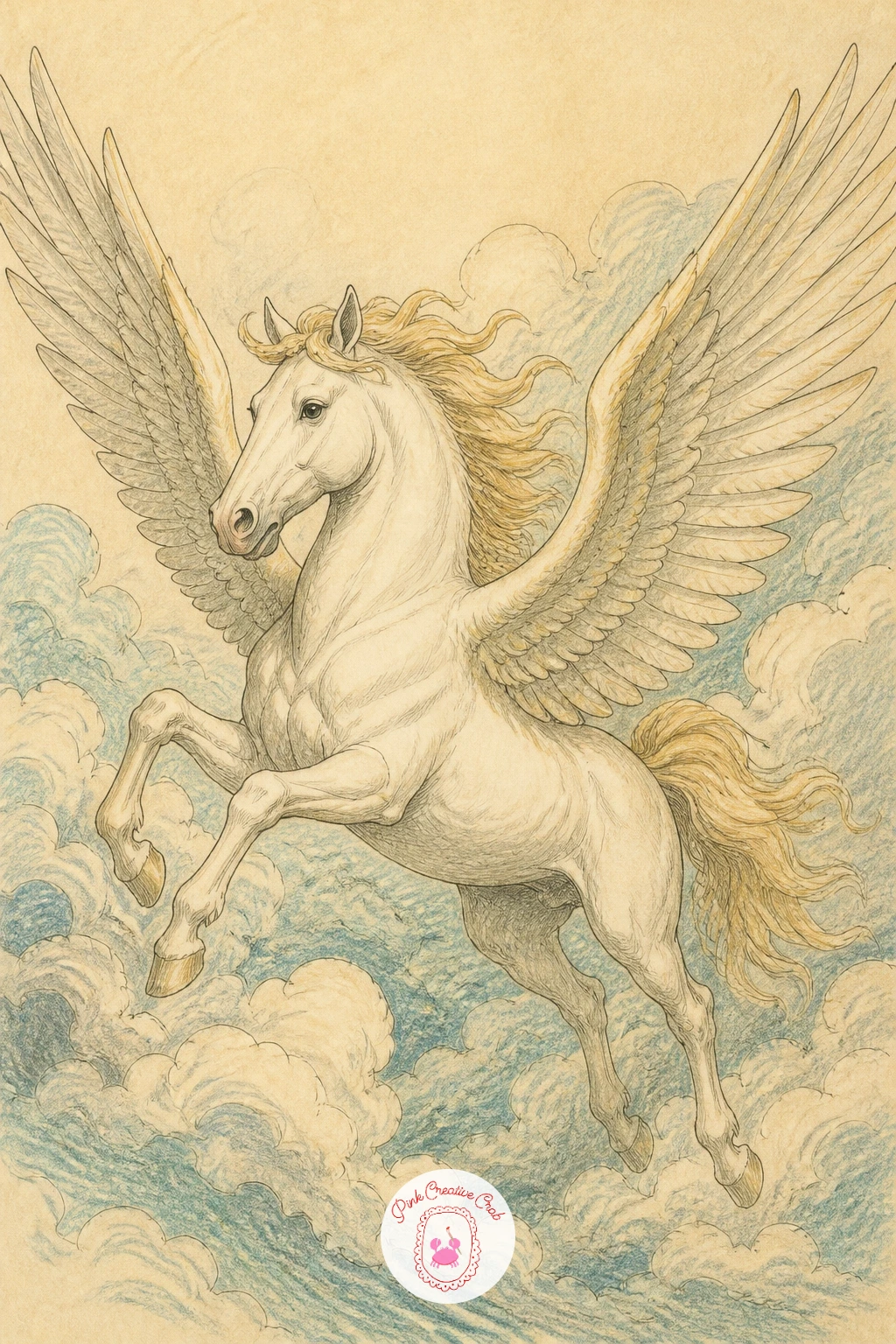 Pegasus Over Clouds — Switch to an animal subject with Pegasus shown mid flight above a bank of clouds, his wings fully spread to fill most of the page. Greek