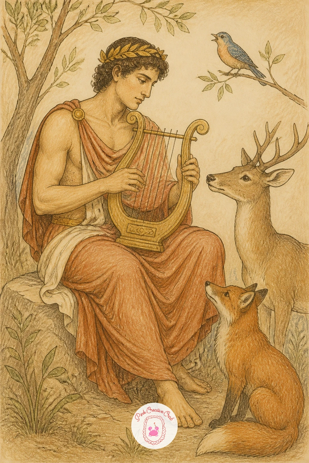 Orpheus Playing to Animals — Build a fuller scene with Orpheus seated among several animals drawn close around him, all turned toward his lyre as if listening.