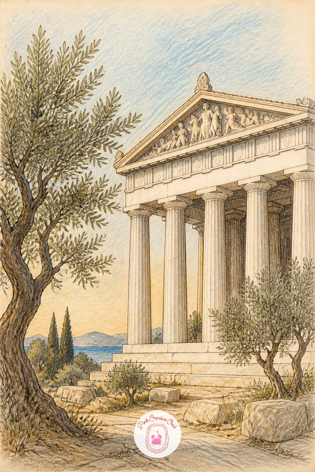 A Greek Temple With Olive Trees — Take a break from figures with a Greek temple scene, its columns standing among a few olive trees under a pale sky. Greek