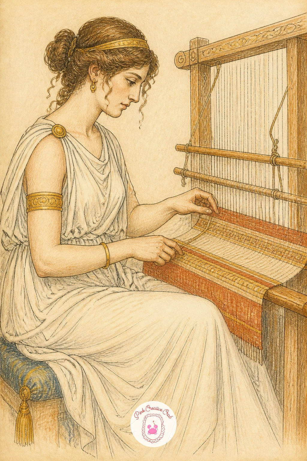 Penelope Weaving — Return to a quieter figure with Penelope seated at her loom, the half finished weaving in front of her the real focus of the piece. Greek