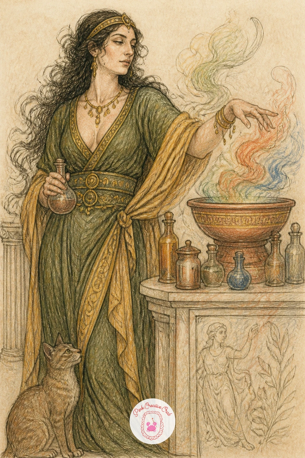 Circe With Potions — Bring in a little mystery with Circe standing over a small table of bottles and a bowl with colored smoke or liquid rising from it. Greek