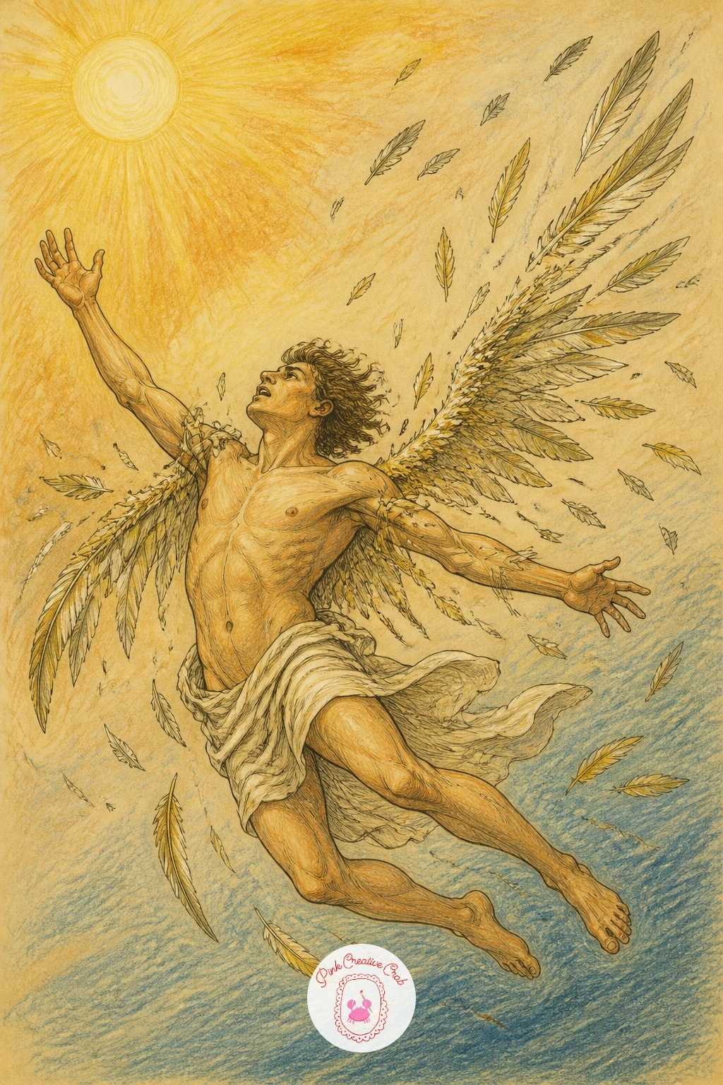 Icarus Near the Sun — Build toward the final pair of scenes with Icarus falling, his wings shedding feathers as he drops against a bright gold sky. Greek