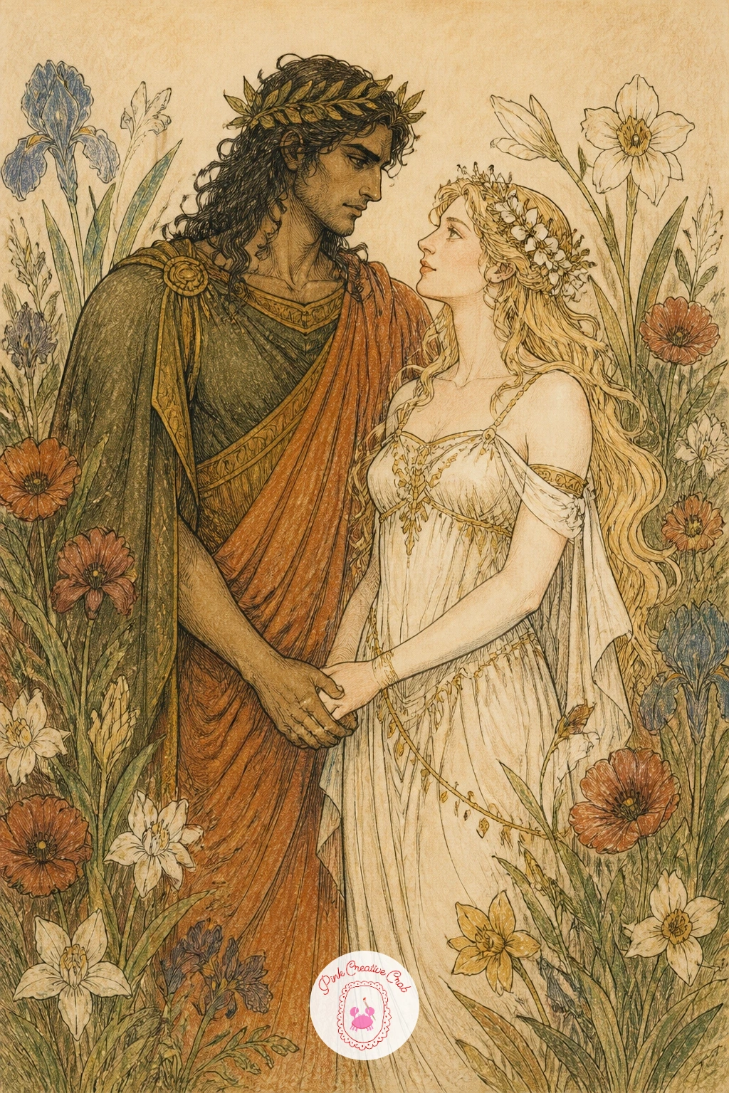 Hades and Persephone in a Flower Garden — Close the whole series with Hades and Persephone standing together in a flower garden, a scene that softens their
